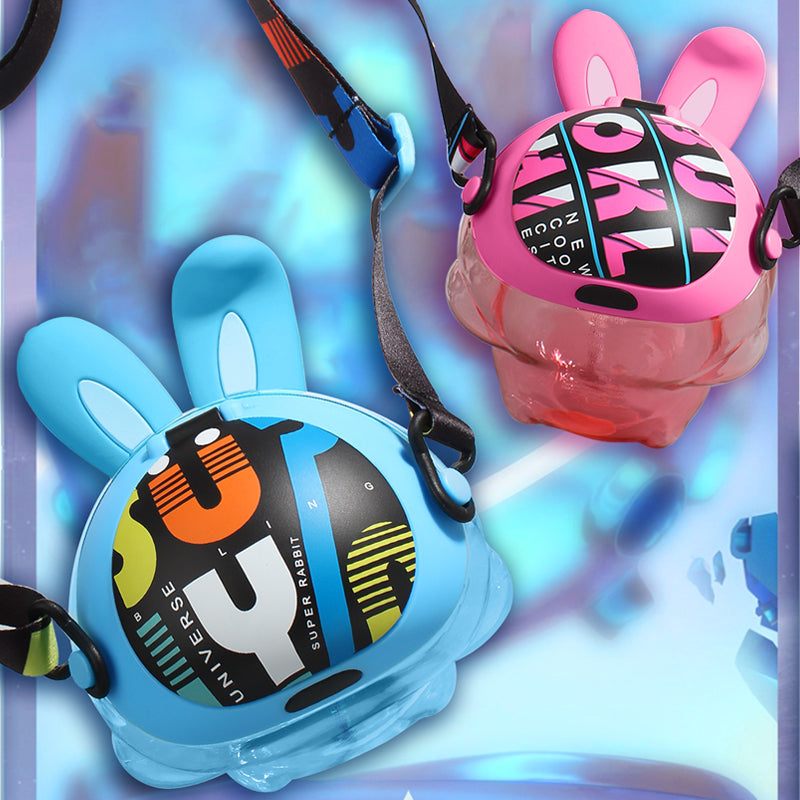 Cute Rabbit Water Bottle Ear Make Sounds with Children Strap and Straw