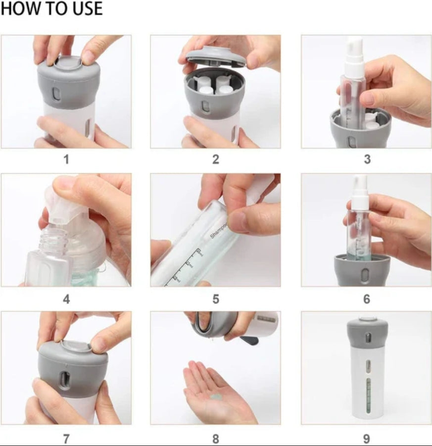 4-in-1 Travel Dispenser Bottle Set – Compact, Leak-Proof & Refillable Toiletry Organizer
