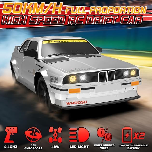 1:16 Scale RC Drift Car for Kids and Adults, 4WD High-Speed 50KM/H Racing Vehicle with 2.4GHz Control, LED Lights, One Battery and Drift Tires Included – Ready to Run Sport Toy Gift