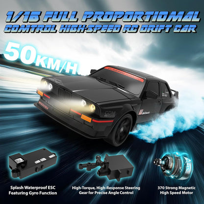 1:16 Scale RC Drift Car for Kids and Adults, 4WD High-Speed 50KM/H Racing Vehicle with 2.4GHz Control, LED Lights, One Battery and Drift Tires Included – Ready to Run Sport Toy Gift