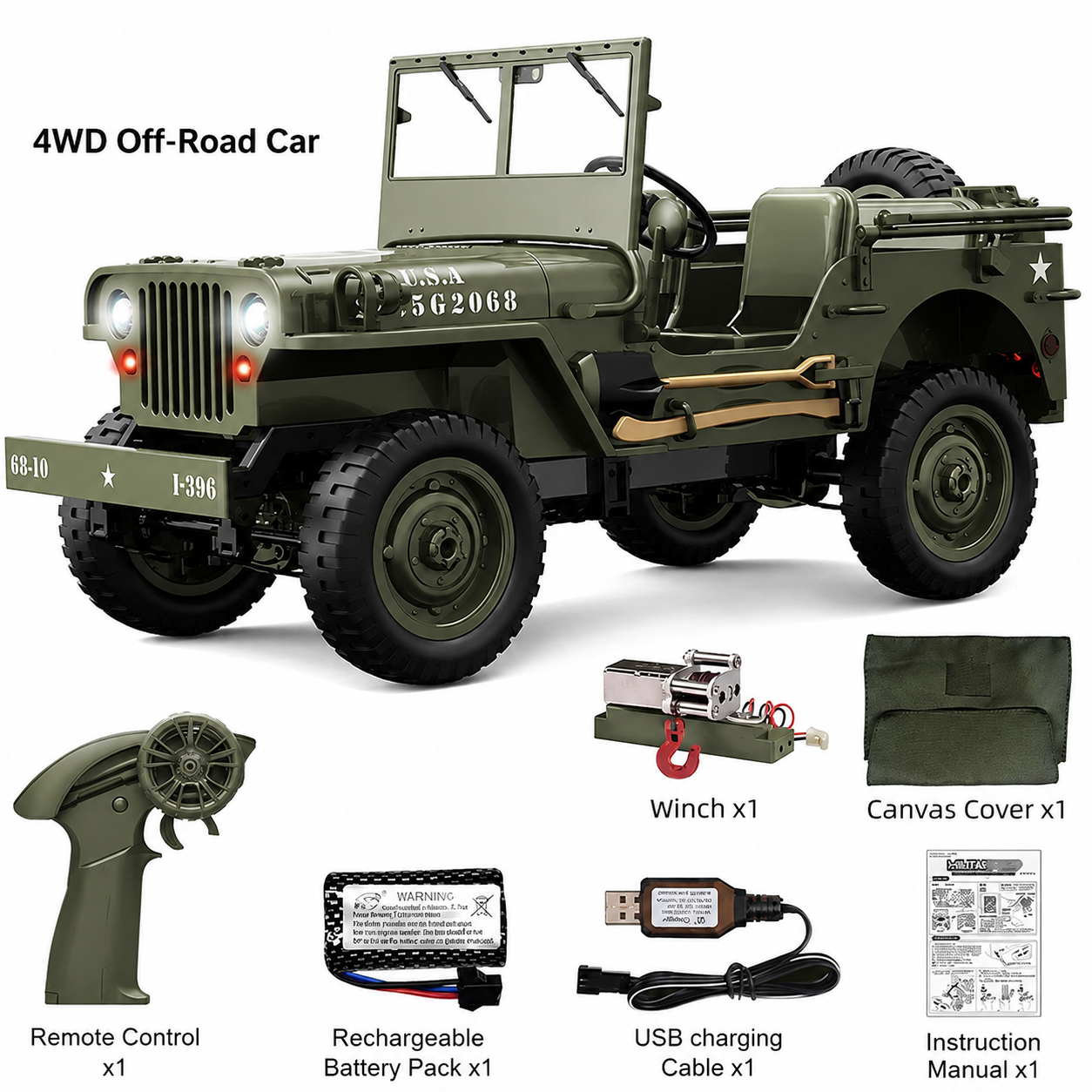Willys 1:10 4WD Military Jeep RC With (Winch & Canvas Cover)