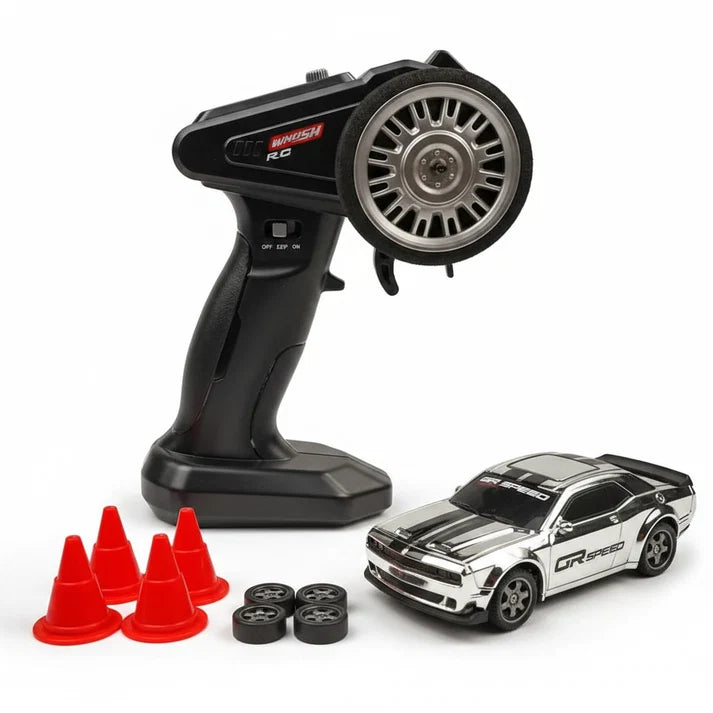 WHOOSH 1:43 Scale Ford Mustang GT Drift RC Car 4WD | 2.4GHz Remote Control | LED Lights | 15 km/h Speed | Silver