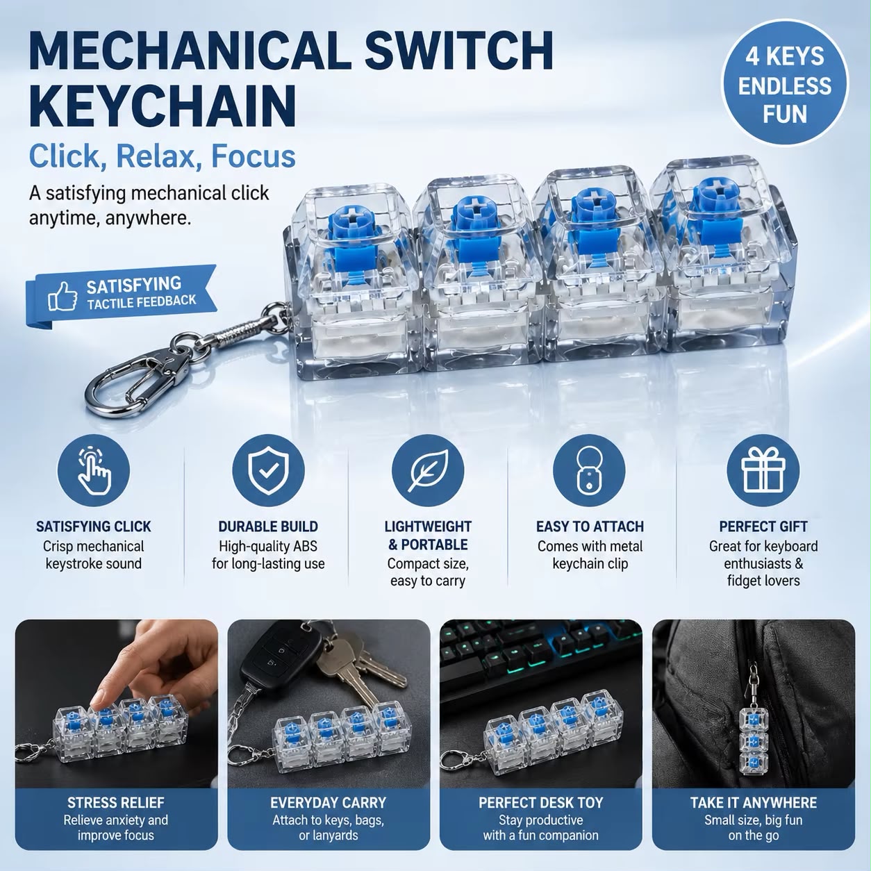 Fidget Mechanical Keyboard Keychain