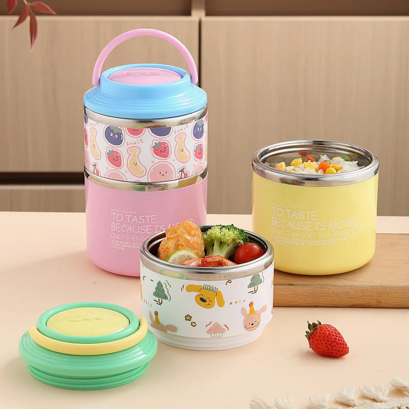 Round Stainless Steel 2-Layer Insulated Lunch Box for Scxhool and Office