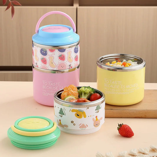 Round Stainless Steel 2-Layer Insulated Lunch Box for Scxhool and Office