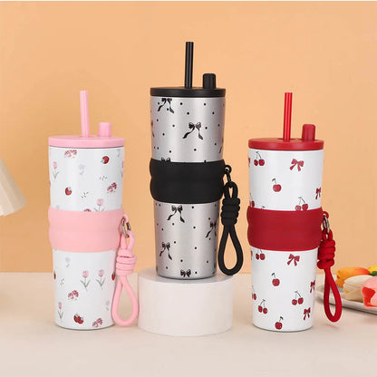 Kawaii Bow Print Tumbler with Straw Lid & Carry Strap