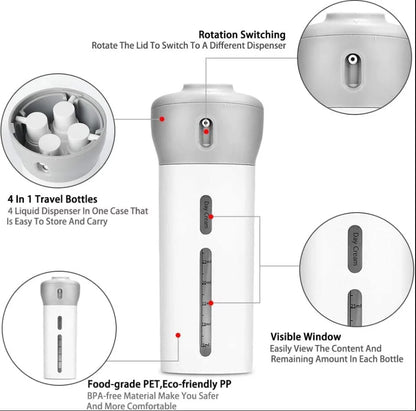4-in-1 Travel Dispenser Bottle Set – Compact, Leak-Proof & Refillable Toiletry Organizer
