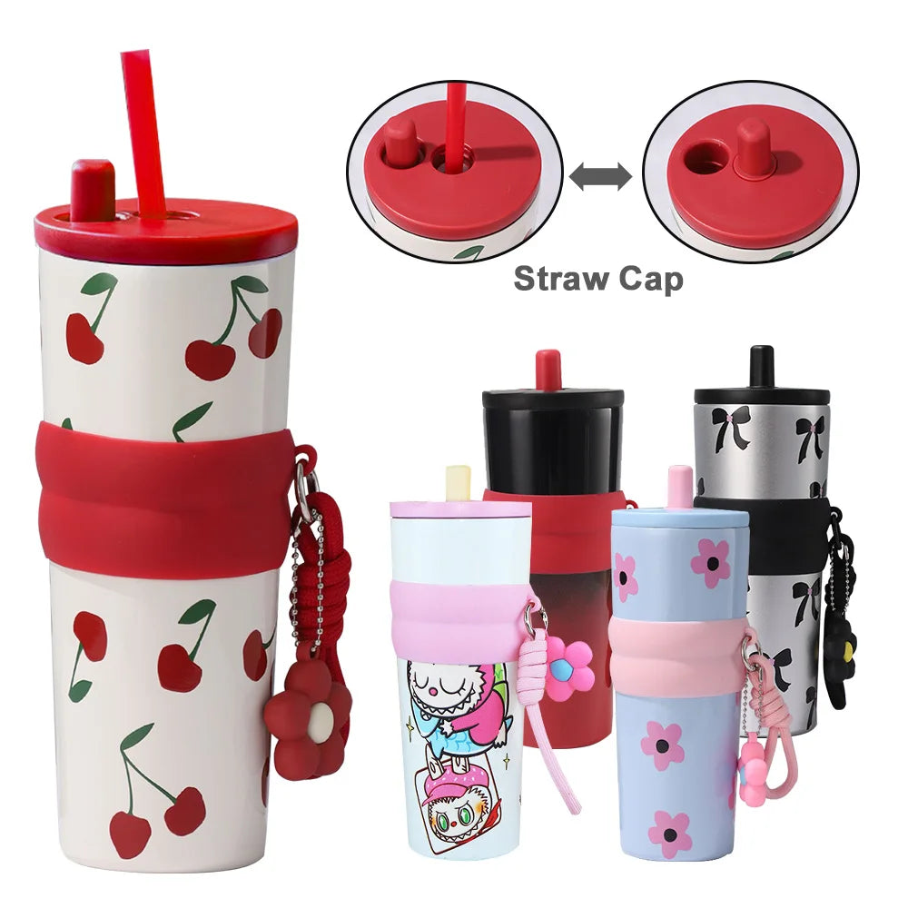 Kawaii Bow Print Tumbler with Straw Lid & Carry Strap