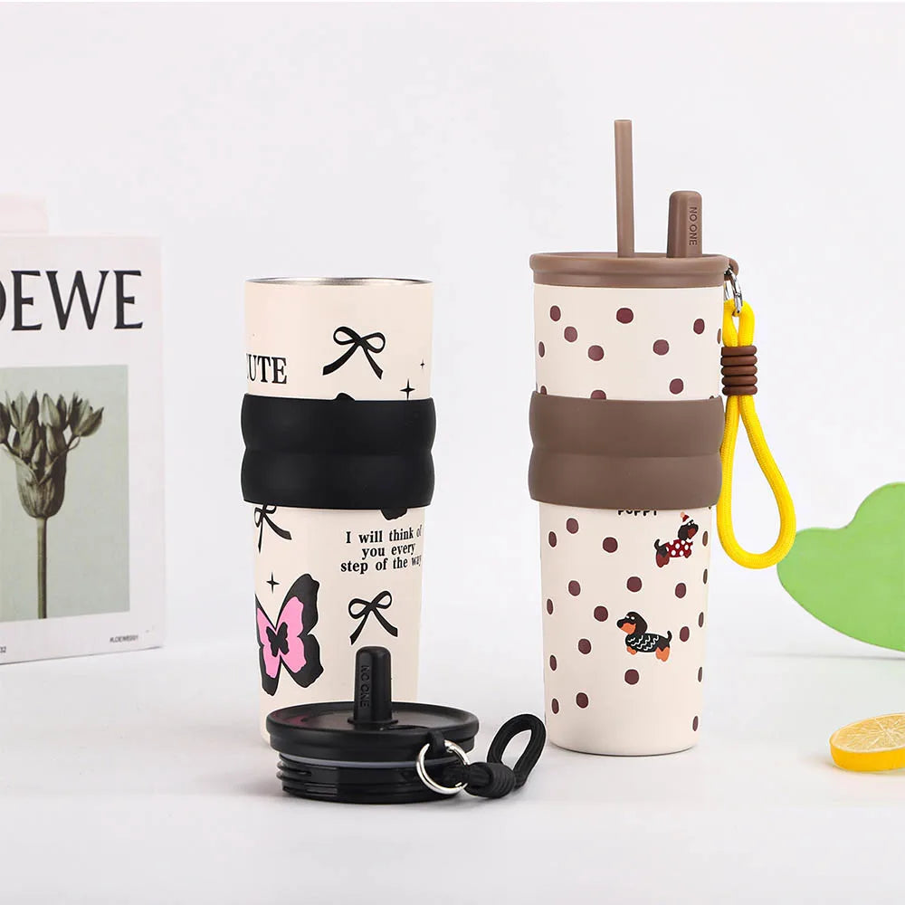 Kawaii Bow Print Tumbler with Straw Lid & Carry Strap