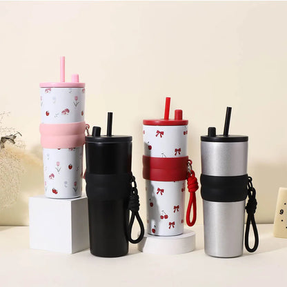 Kawaii Bow Print Tumbler with Straw Lid & Carry Strap