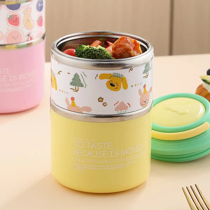 Round Stainless Steel 2-Layer Insulated Lunch Box for Scxhool and Office
