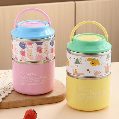 Round Stainless Steel 2-Layer Insulated Lunch Box for Scxhool and Office