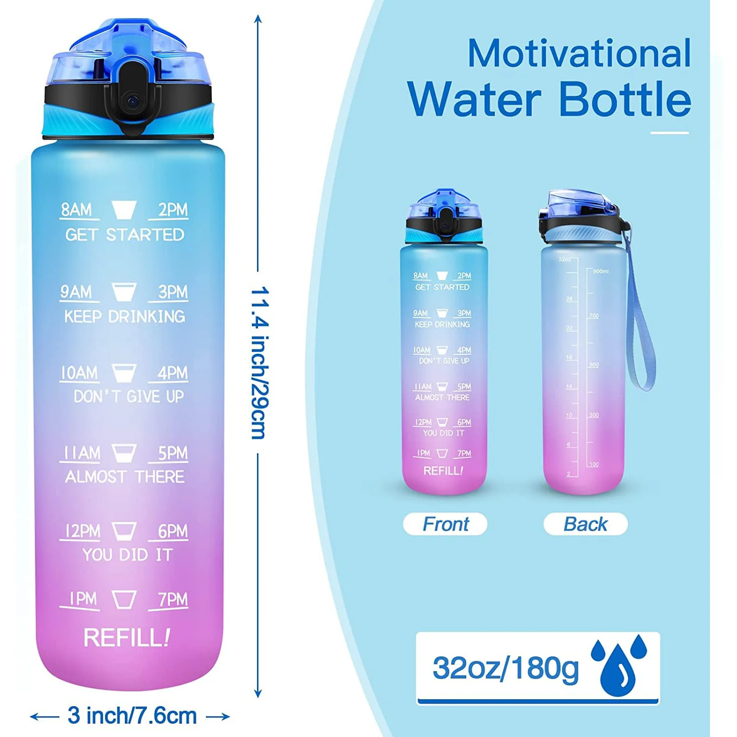 MOTIVATIONAL WATER BOTTLE TIME MARKER, BPA-FREE GYM WATER BOTTLE ...